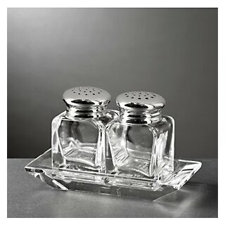 Set Salz- und Pfeffer-Streuer aus Glas und Sterling-Silber auf Tablett
